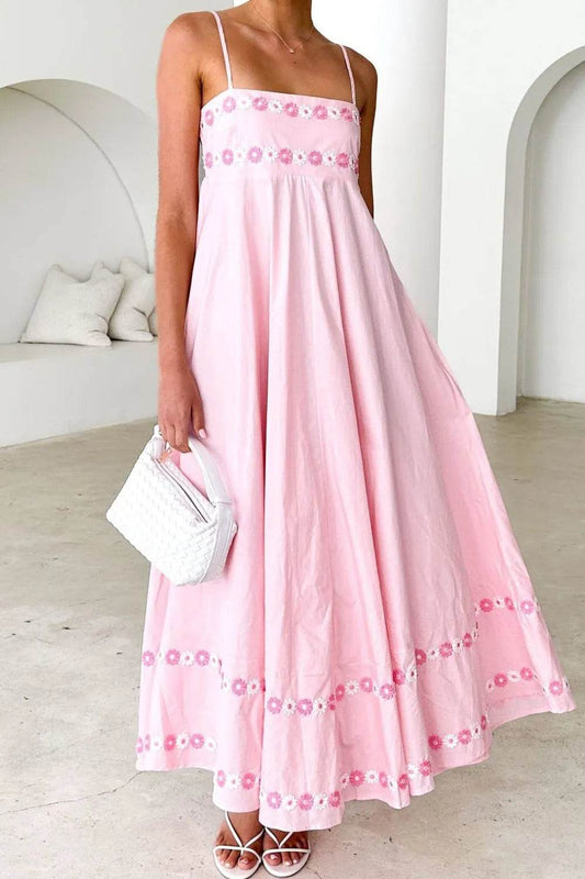 Floral Embroidered Spaghetti Strap Maxi Dress - MARIGOLD 
