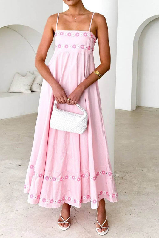 Floral Embroidered Spaghetti Strap Maxi Dress - MARIGOLD 