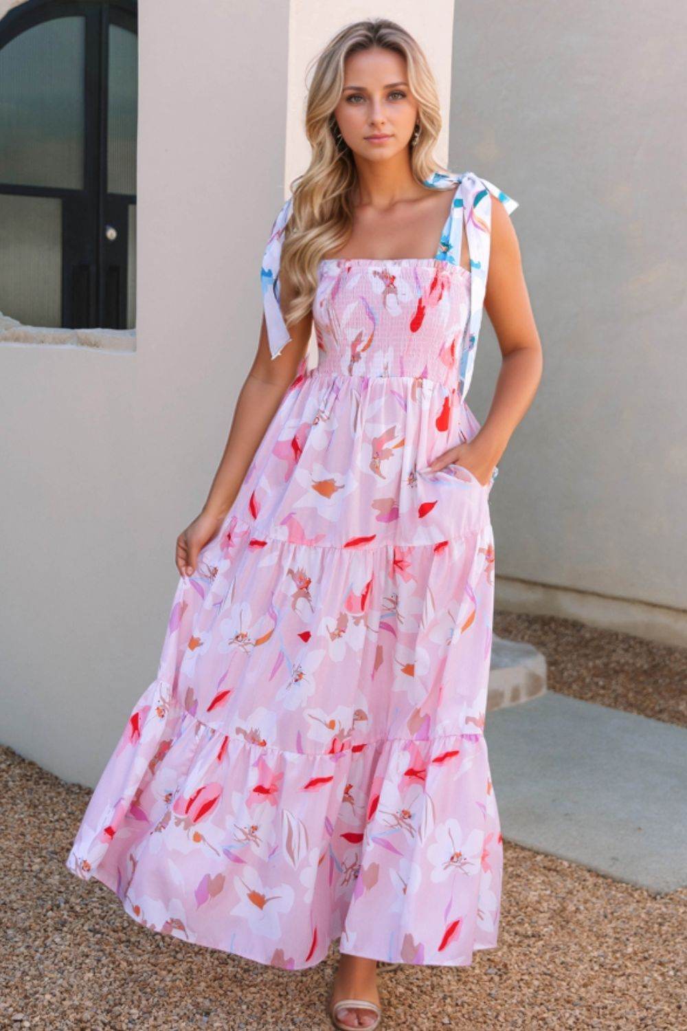 Pink Floral Tie-Shoulder Smocked Maxi Dress - MARIGOLD 