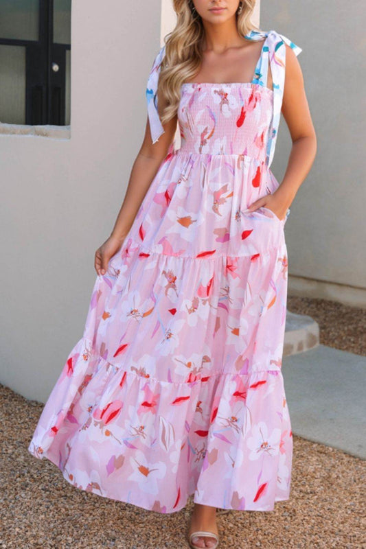Pink Floral Tie-Shoulder Smocked Maxi Dress - MARIGOLD 