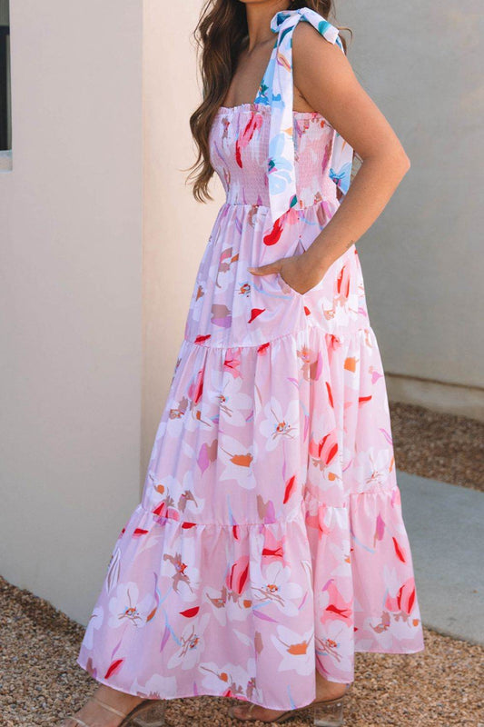 Pink Floral Tie-Shoulder Smocked Maxi Dress - MARIGOLD 
