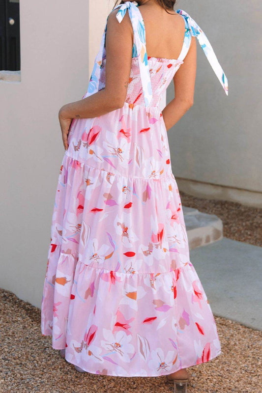 Pink Floral Tie-Shoulder Smocked Maxi Dress - MARIGOLD 