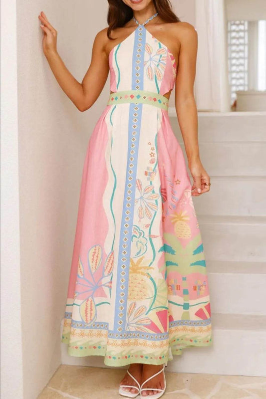 Pink Tropical Print Neck Maxi Dress - MARIGOLD 