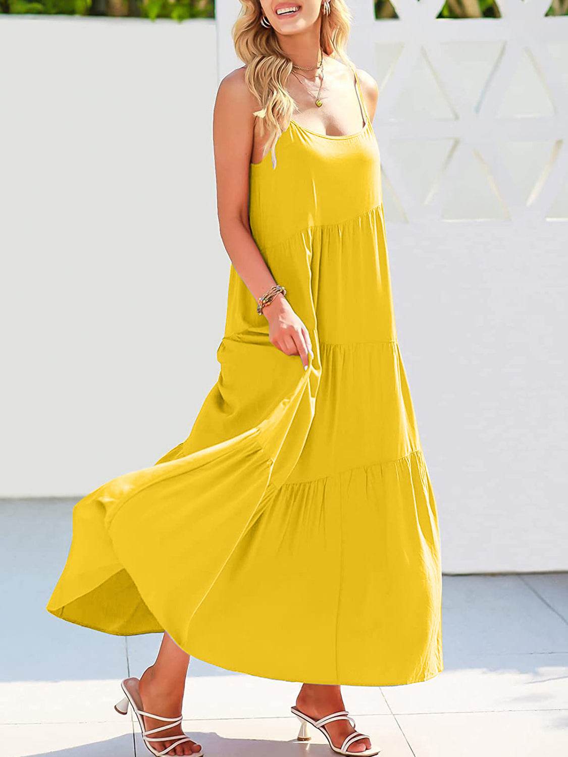 Spaghetti Strap Spiral-Tiered Maxi Dress - MARIGOLD 