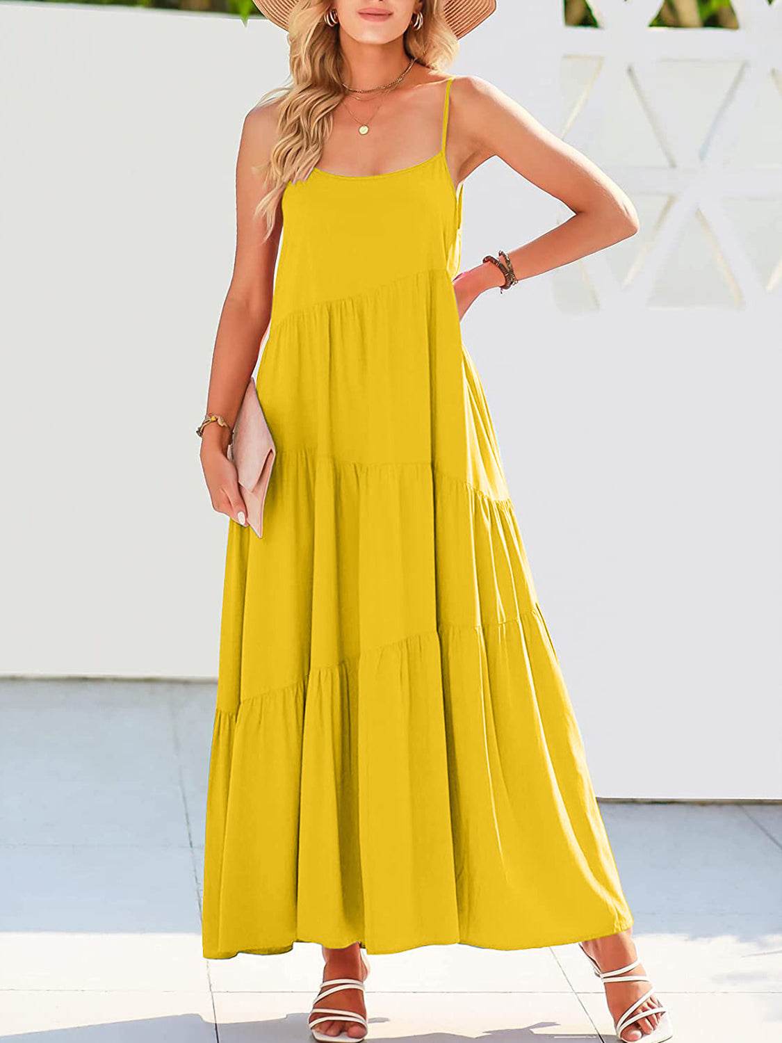 Spaghetti Strap Spiral-Tiered Maxi Dress - MARIGOLD 