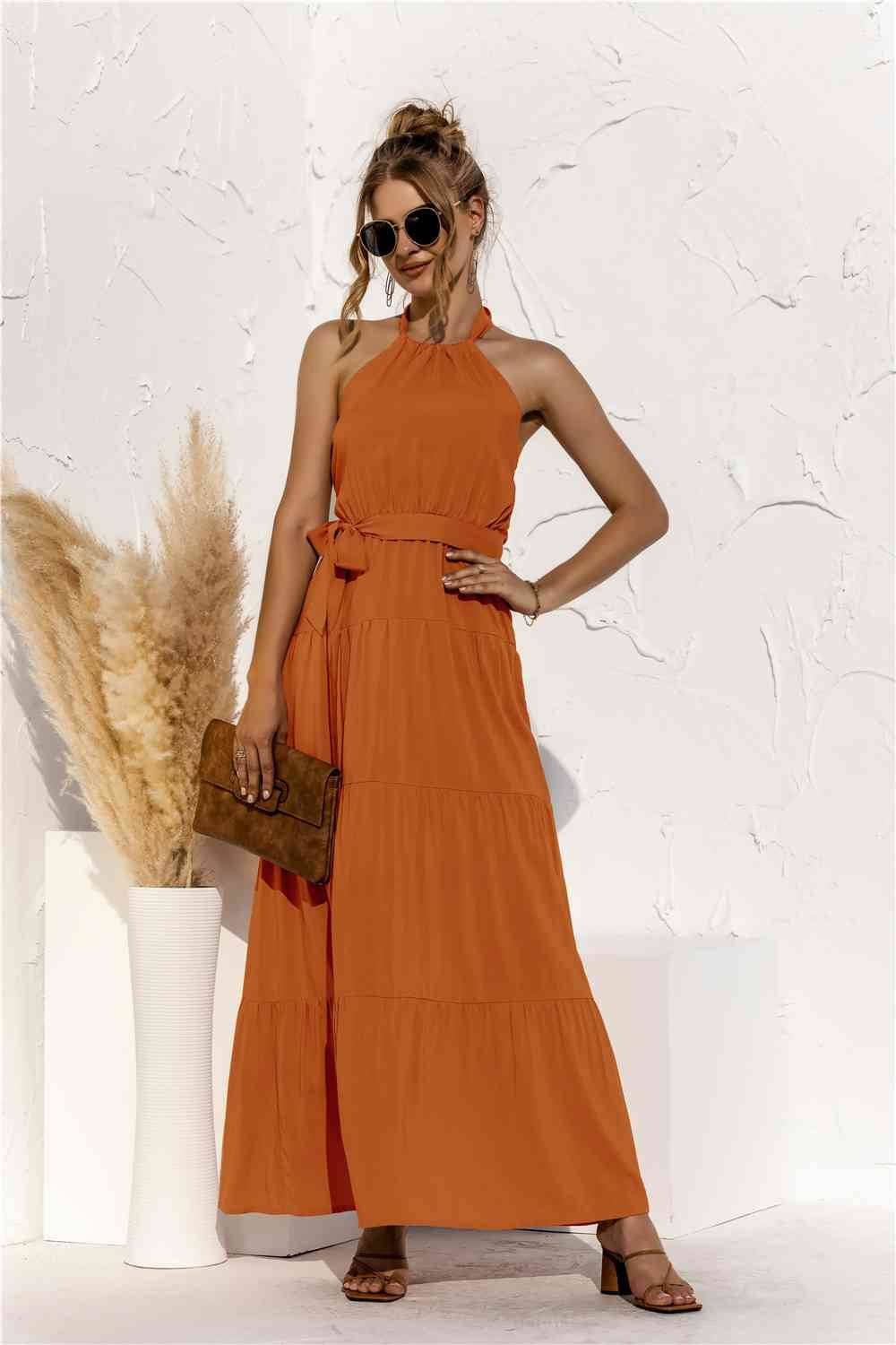 Halter Neck Tie Waist Tiered Maxi Dress - MARIGOLD 