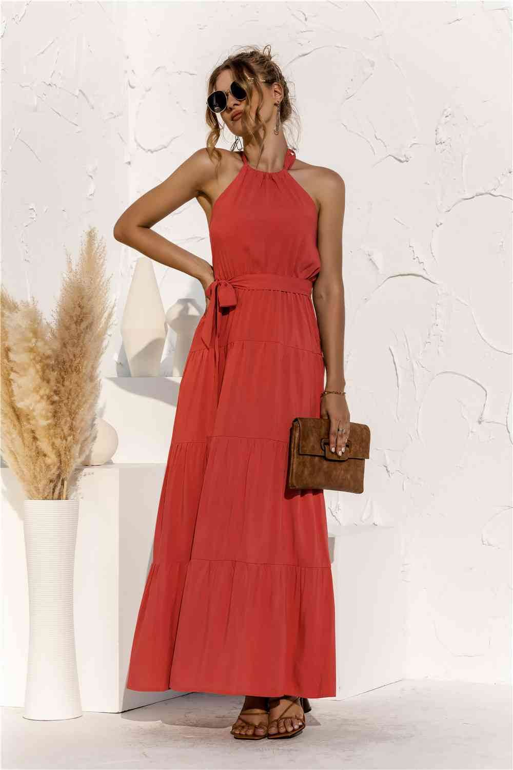Halter Neck Tie Waist Tiered Maxi Dress - MARIGOLD 