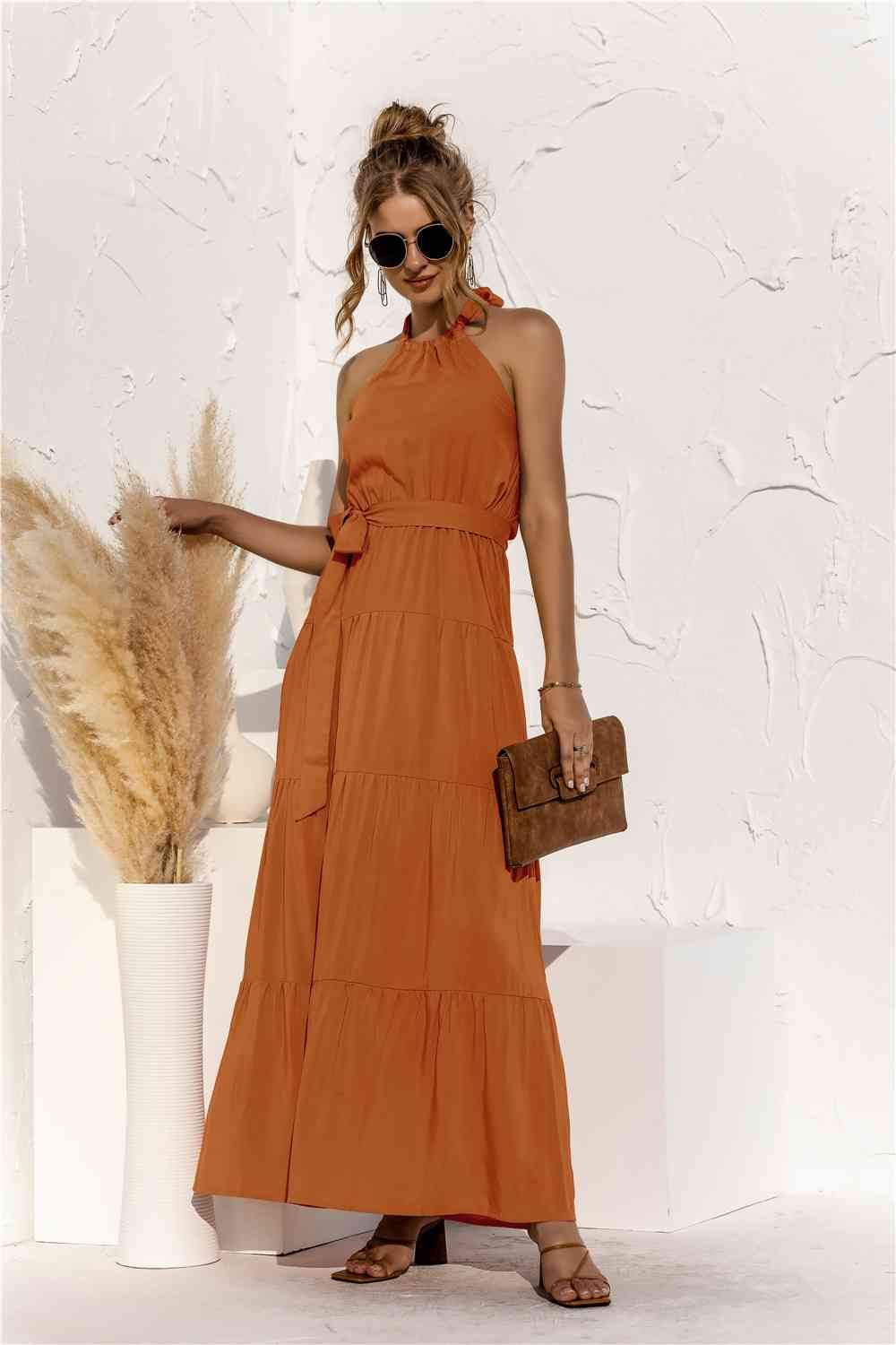 Halter Neck Tie Waist Tiered Maxi Dress - MARIGOLD 