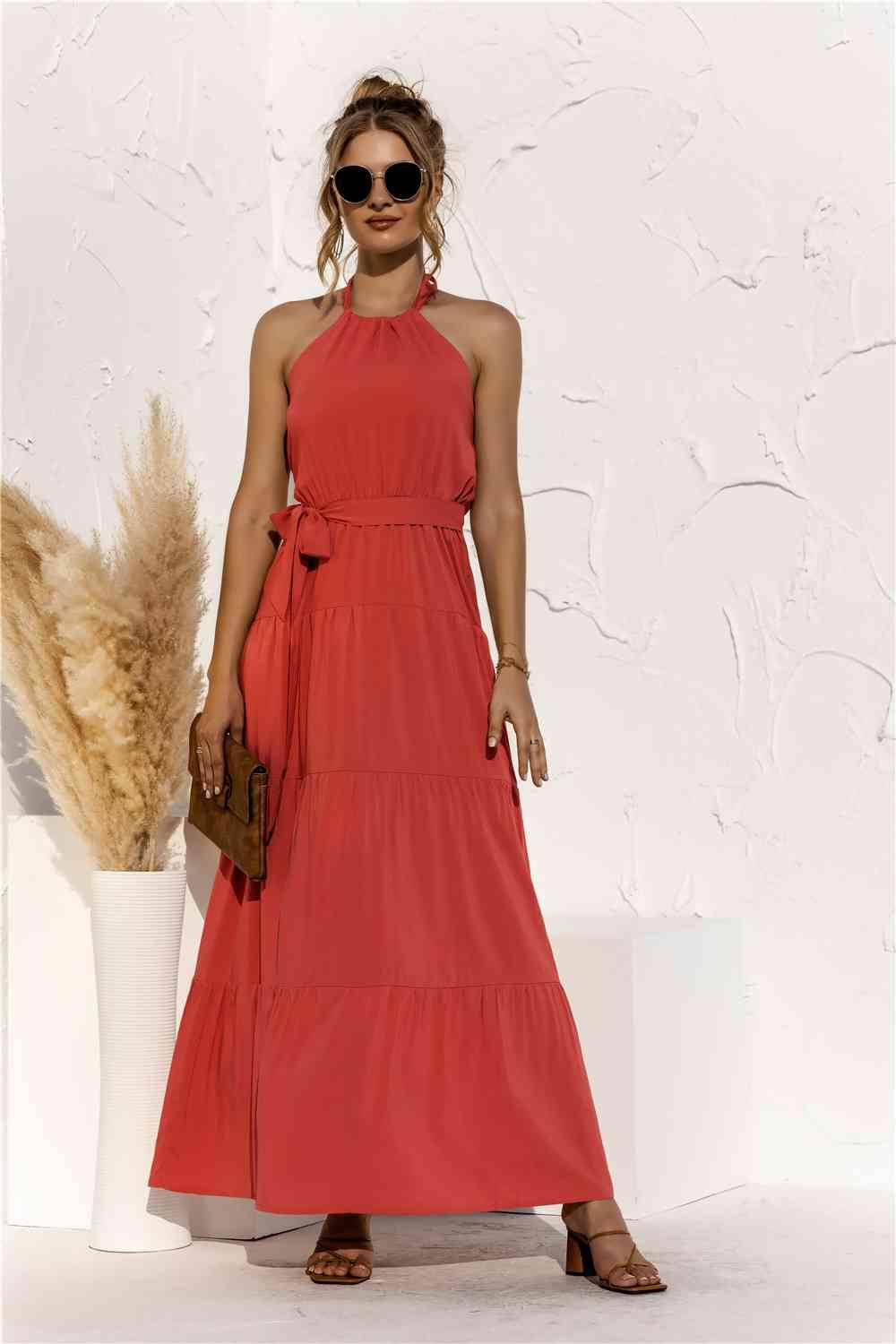 Halter Neck Tie Waist Tiered Maxi Dress - MARIGOLD 