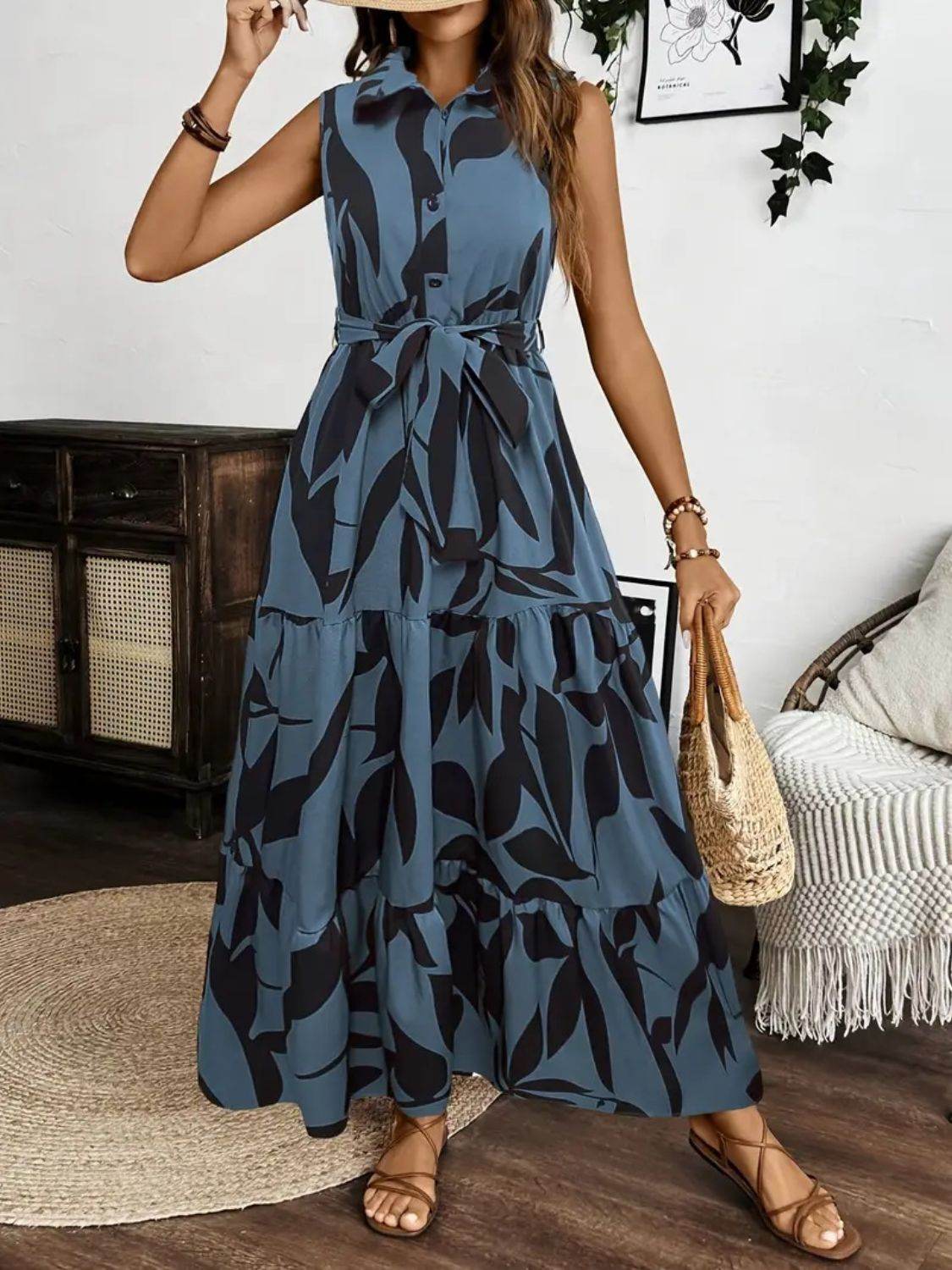 Collared Buttoned Tie Waist Maxi Dress - MARIGOLD 