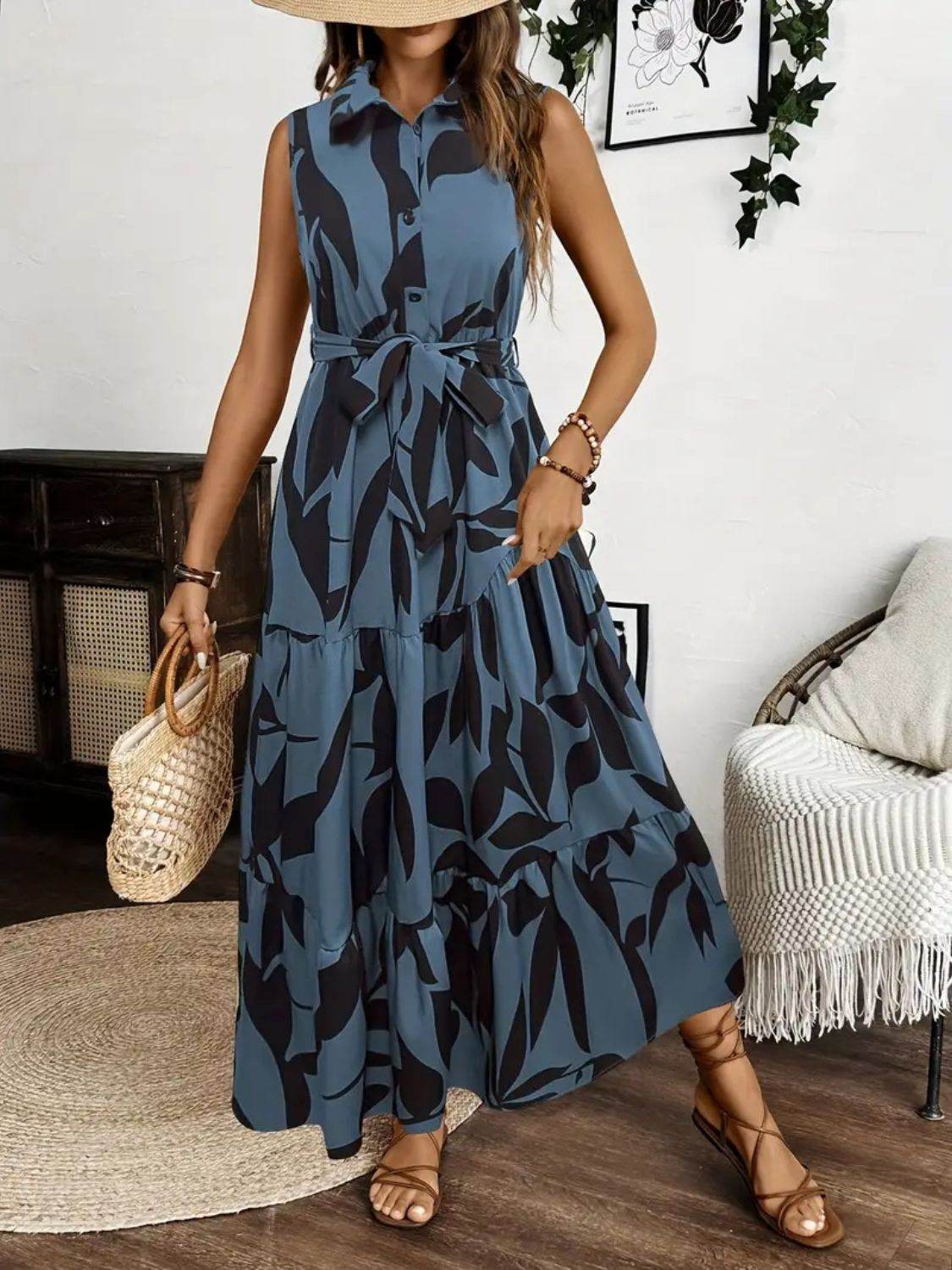 Collared Buttoned Tie Waist Maxi Dress - MARIGOLD 