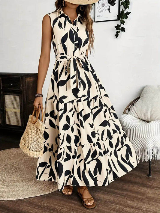 Collared Buttoned Tie Waist Maxi Dress - MARIGOLD 