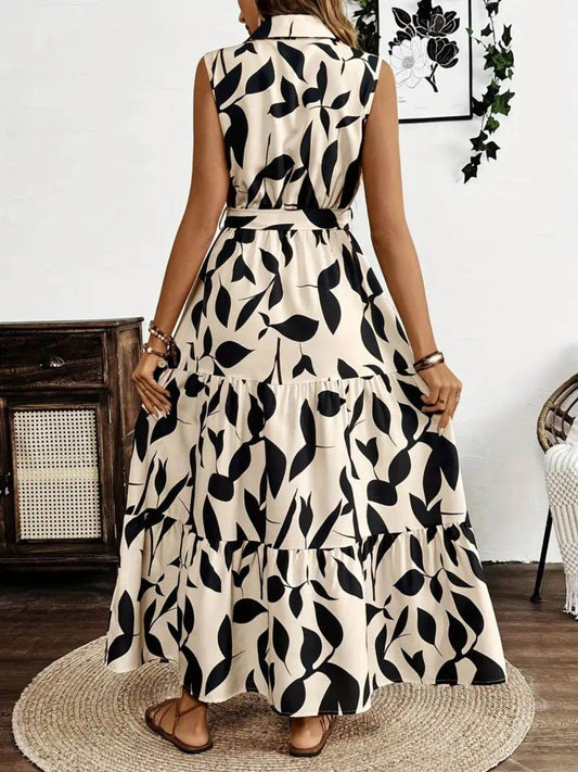 Collared Buttoned Tie Waist Maxi Dress - MARIGOLD 