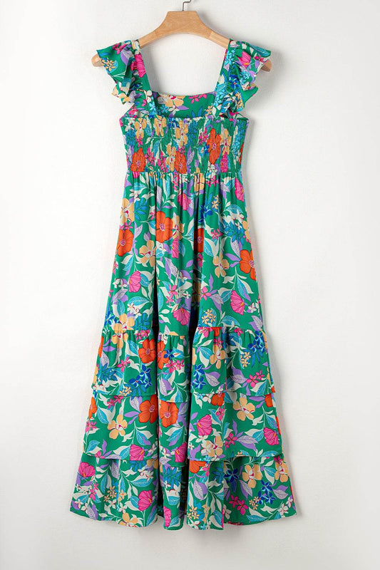 Dark Green Floral-Print Sleeveless Tiered Ruffled Maxi Dress - MARIGOLD 