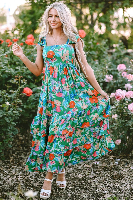 Dark Green Floral-Print Sleeveless Tiered Ruffled Maxi Dress - MARIGOLD 