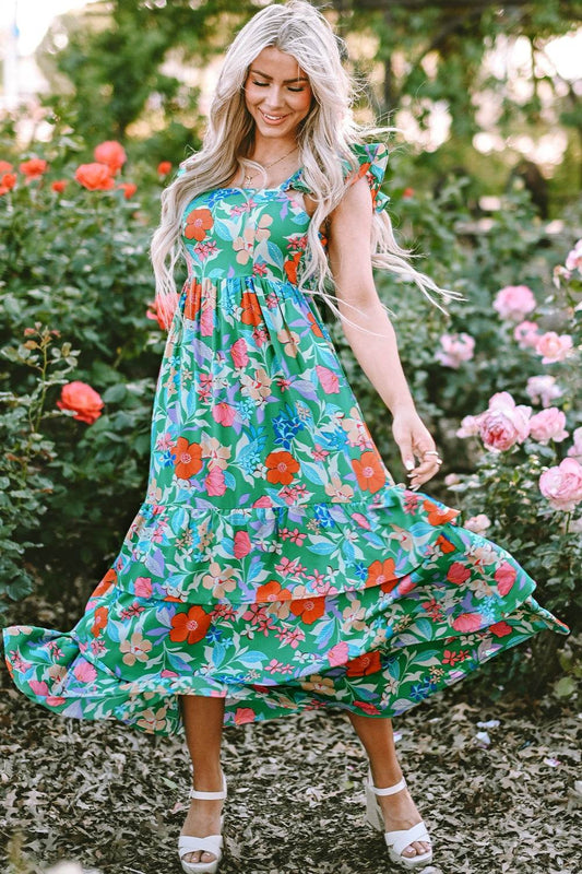 Dark Green Floral-Print Sleeveless Tiered Ruffled Maxi Dress - MARIGOLD 