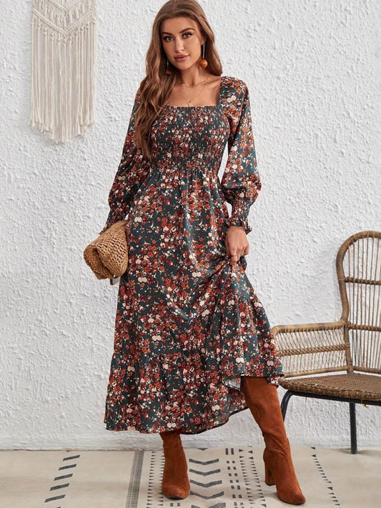 Smocked Floral Square Neck Long Sleeve Dress - MARIGOLD 