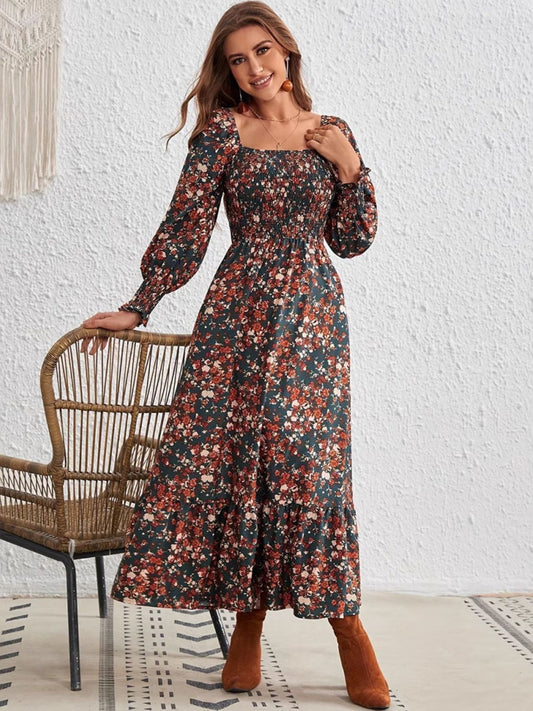Smocked Floral Square Neck Long Sleeve Dress - MARIGOLD 