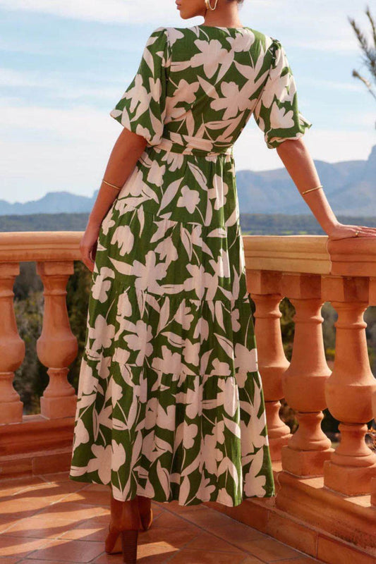 Surplice Tie-Waist Balloon Sleeve Split Maxi Dress - MARIGOLD 