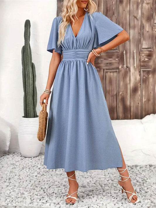 Side Slit Surplice Flutter Sleeve Midi Dress - MARIGOLD 
