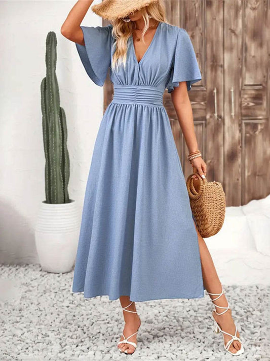 Side Slit Surplice Flutter Sleeve Midi Dress - MARIGOLD 