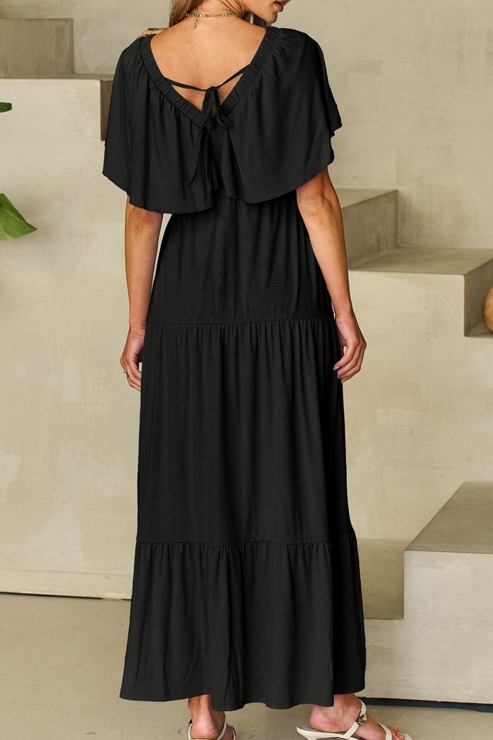 Ruffled V Neck Flutter Sleeve Maxi Dress - MARIGOLD 