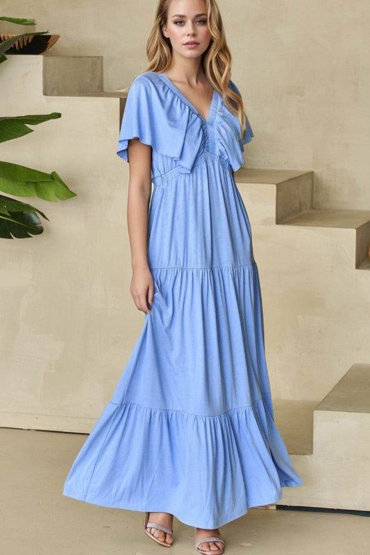 Ruffled V Neck Flutter Sleeve Maxi Dress - MARIGOLD 
