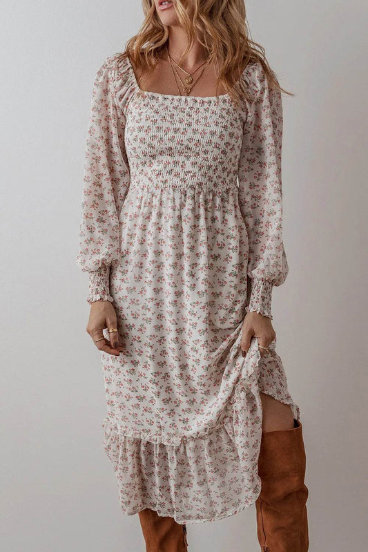 Smocked Floral Square Neck Long Sleeve Midi Dress - MARIGOLD 