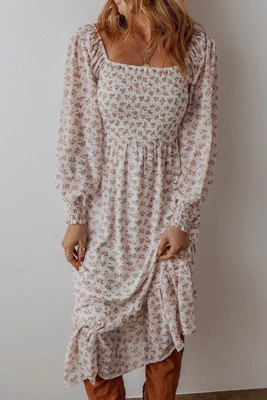 Smocked Floral Square Neck Long Sleeve Midi Dress - MARIGOLD 