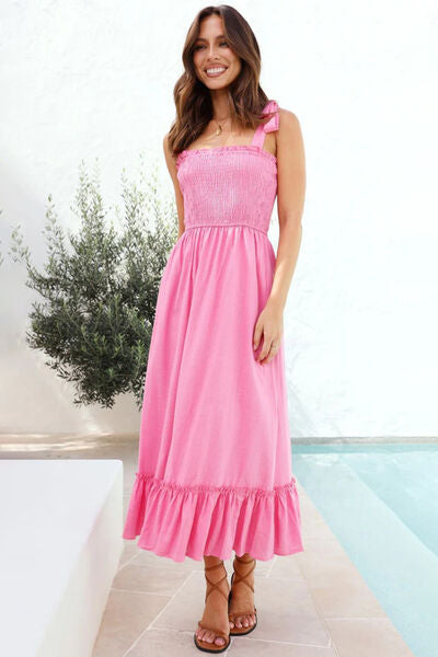 Ruffled Smocked Ruffle Hem Sleeveless Dress - MARIGOLD 