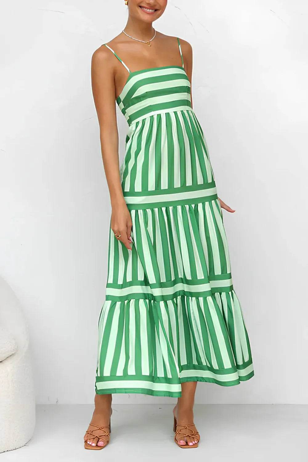 Striped Tiered Maxi Cami Dress - MARIGOLD 