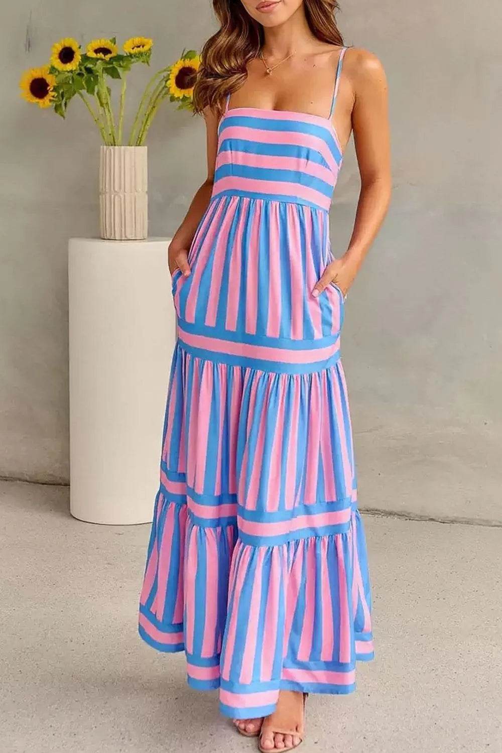 Striped Tiered Maxi Cami Dress - MARIGOLD 