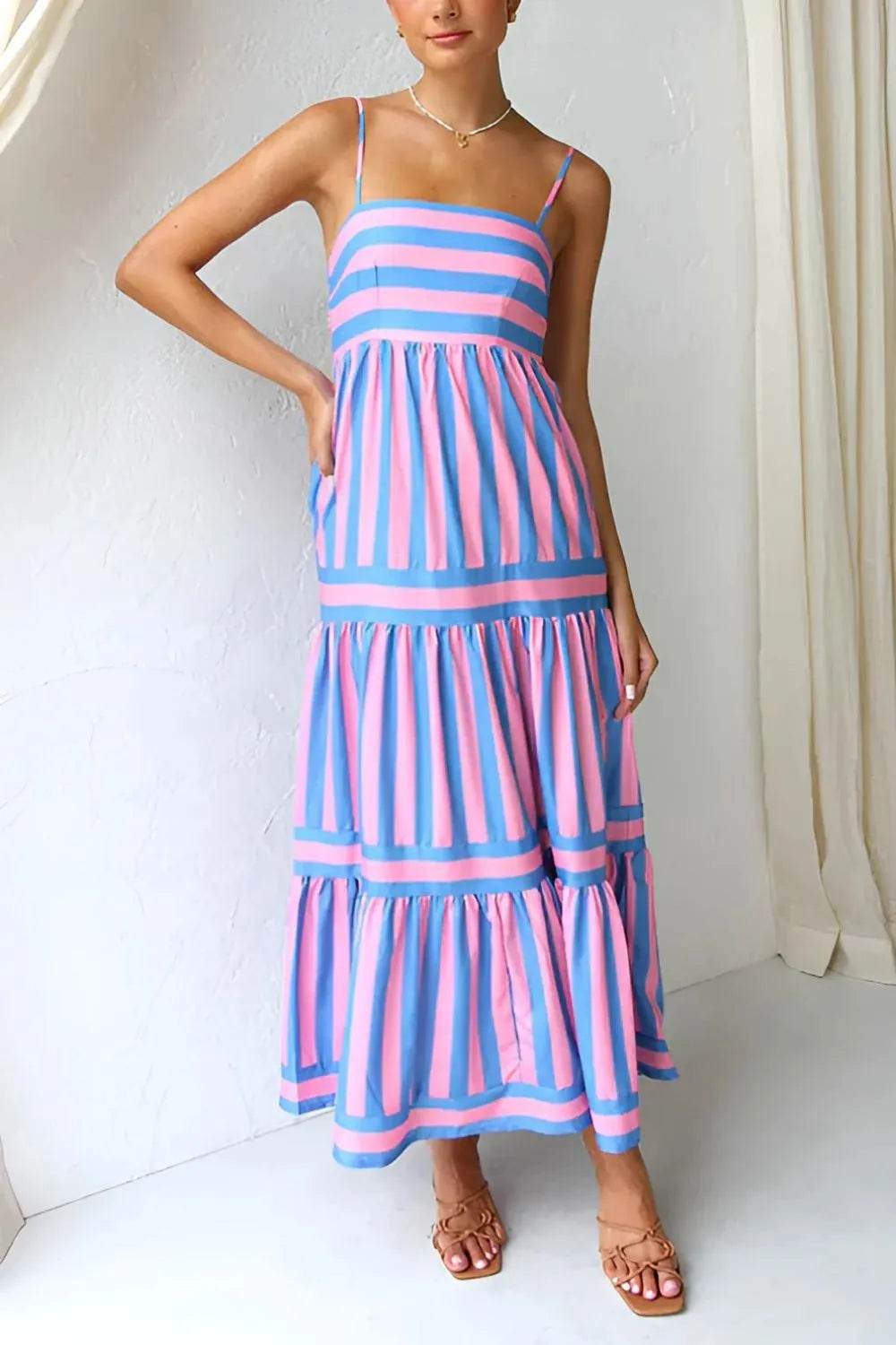 Striped Tiered Maxi Cami Dress - MARIGOLD 