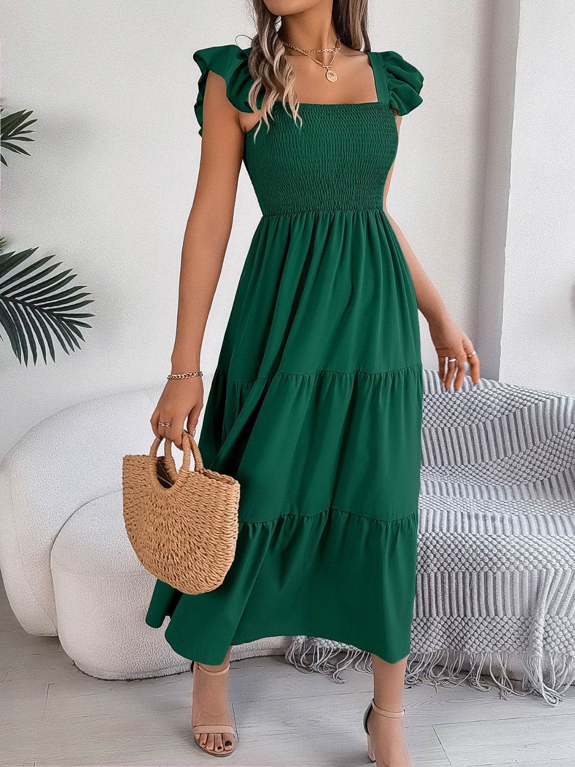 Boho Smocked Square Neck Tiered Midi Dress with Flutter Sleeves - MARIGOLD 