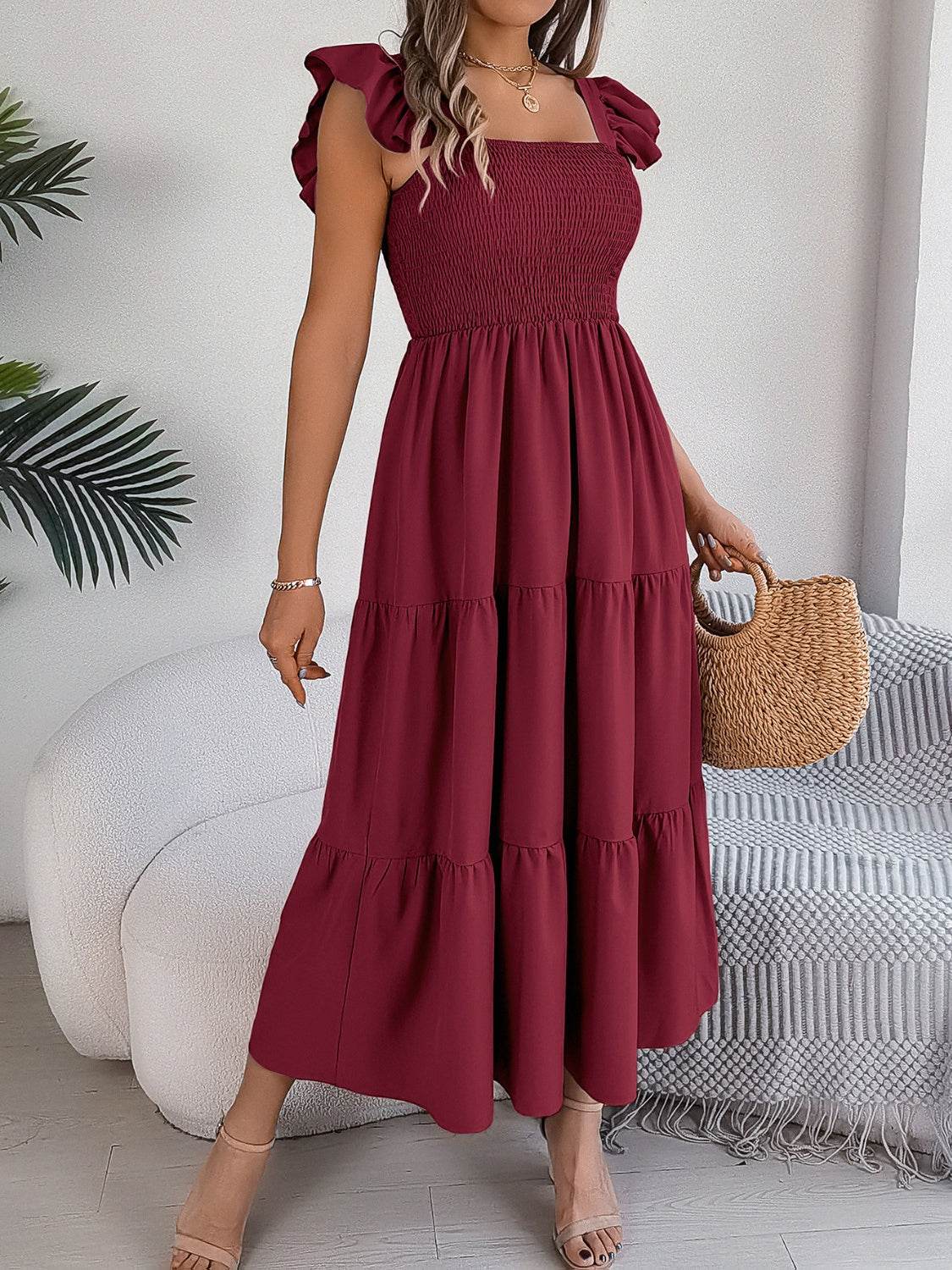 Boho Smocked Square Neck Tiered Midi Dress with Flutter Sleeves - MARIGOLD 