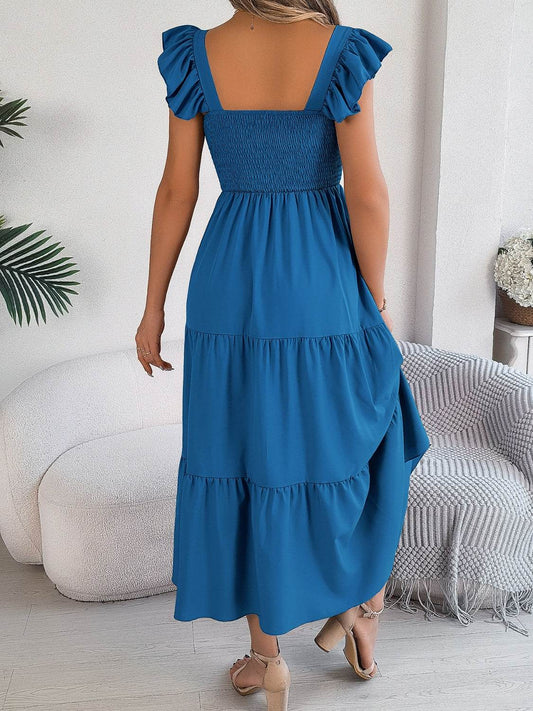 Boho Smocked Square Neck Tiered Midi Dress with Flutter Sleeves - MARIGOLD 