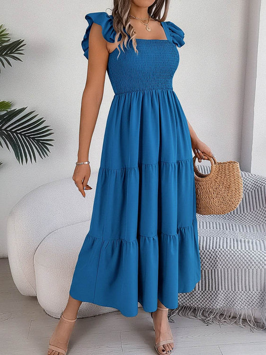 Boho Smocked Square Neck Tiered Midi Dress with Flutter Sleeves - MARIGOLD 