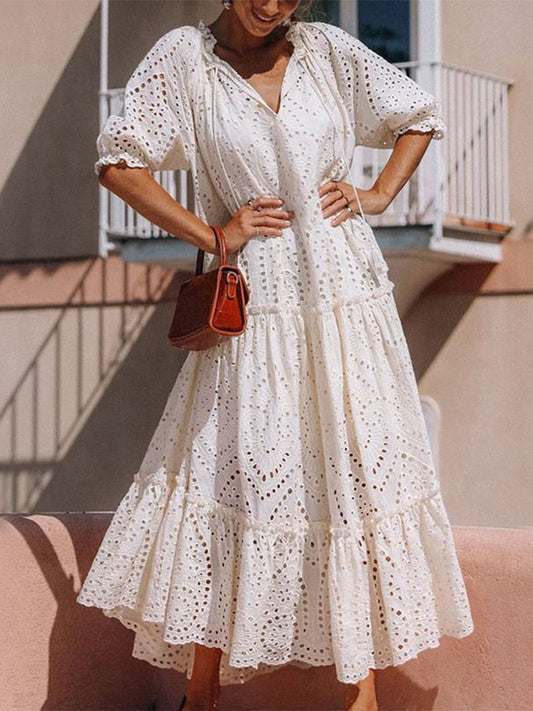 Tie Neck Half Sleeve Tiered Dress - MARIGOLD 