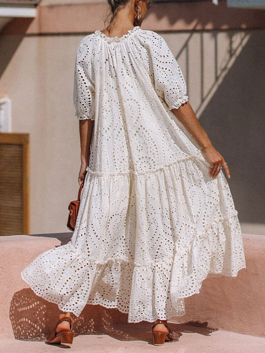 Tie Neck Half Sleeve Tiered Dress - MARIGOLD 