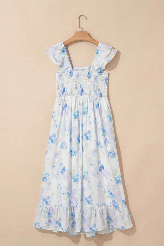 Blue Floral Smocked Bodice Ruffle Sleeve Maxi Dress - MARIGOLD 