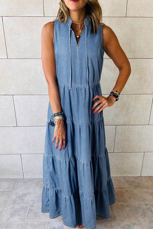 Denim Sleeveless Maxi Dress with Tiered Detail and Tie Neck - MARIGOLD 