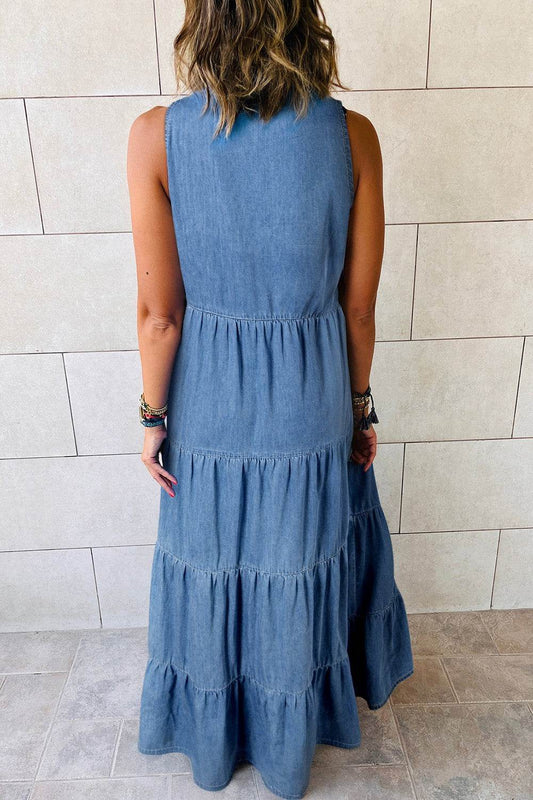 Denim Sleeveless Maxi Dress with Tiered Detail and Tie Neck - MARIGOLD 