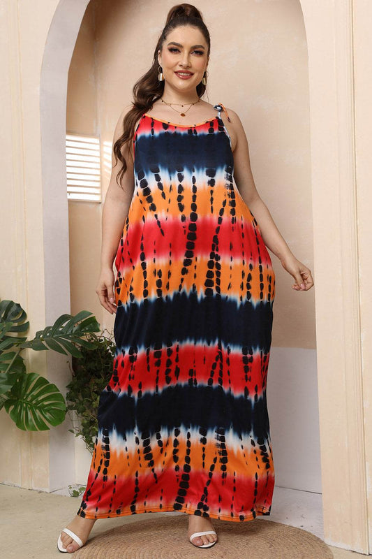 Multicolor Abstract Print Plus Size Tie-Shoulder Maxi Dress - MARIGOLD 