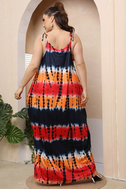 Multicolor Abstract Print Plus Size Tie-Shoulder Maxi Dress - MARIGOLD 