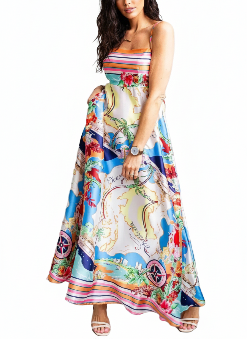 Tropical Australia Print Maxi Dress with Pockets