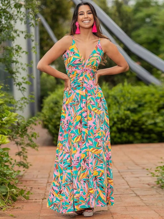 Tropical Floral Print Twist V-Neck Cami Maxi Dress - MARIGOLD 