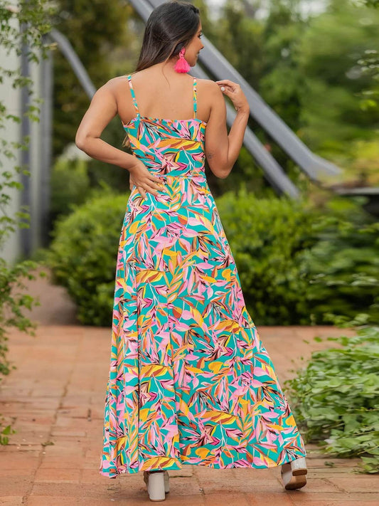Tropical Floral Print Twist V-Neck Cami Maxi Dress - MARIGOLD 
