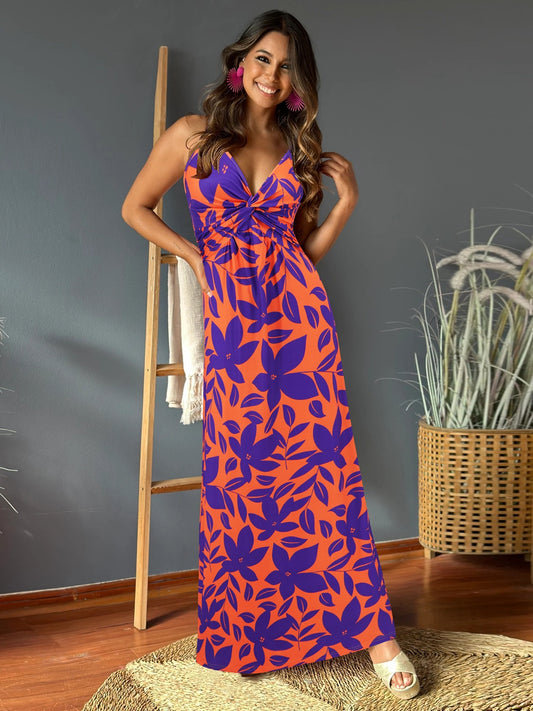 Tropical Floral Print Twist V-Neck Cami Maxi Dress - MARIGOLD 