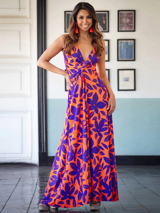 Tropical Floral Print Twist V-Neck Cami Maxi Dress - MARIGOLD 