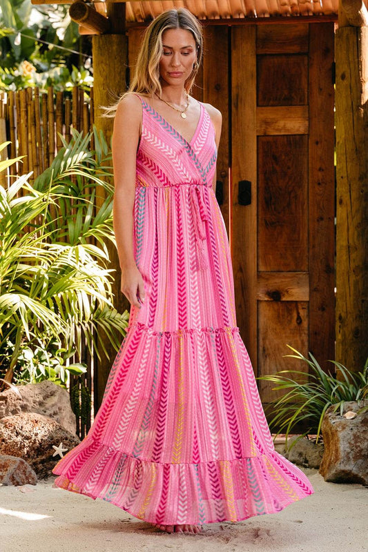 Chevron-Striped Tie Detail Surplice Cami Maxi Dress - MARIGOLD 